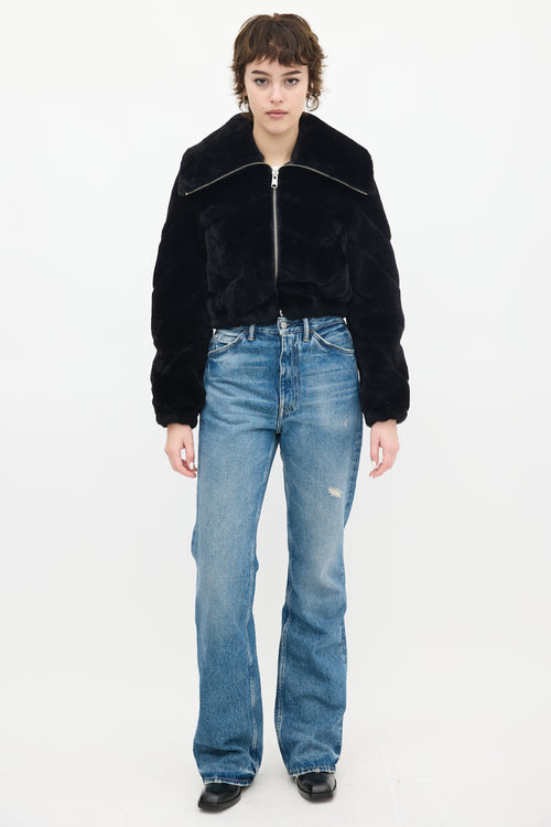 All Saints Black Faux Fur Adley Chevron Cropped Jacket