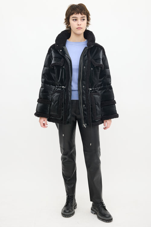 Alo Black Faux Leather & Sherpa Ice Breaker Puffer Jacket