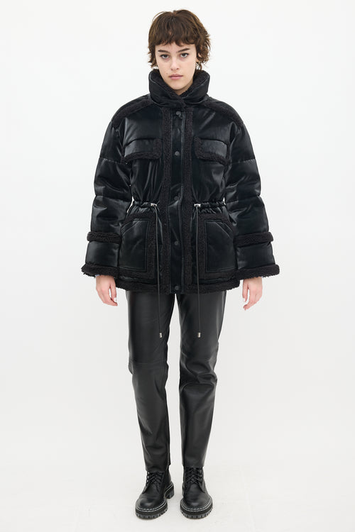 Alo Black Faux Leather & Sherpa Ice Breaker Puffer Jacket