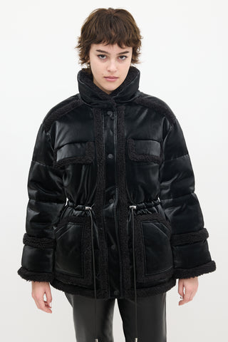 Alo Black Faux Leather & Sherpa Ice Breaker Puffer Jacket