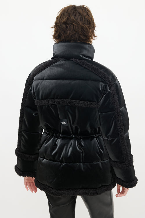 Alo Black Faux Leather & Sherpa Ice Breaker Puffer Jacket