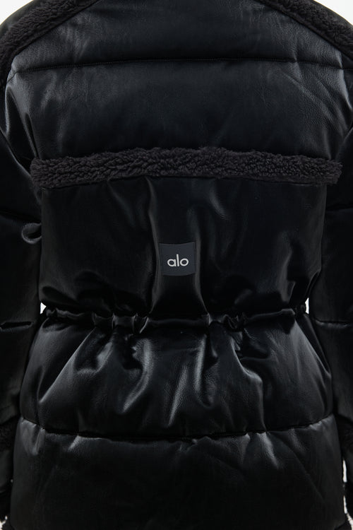 Alo Black Faux Leather & Sherpa Ice Breaker Puffer Jacket