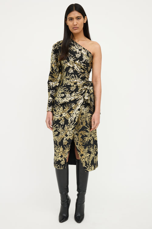 Altuzarra Black Metallic Floral One Shoulder Dress