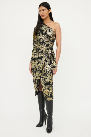 Altuzarra Black Metallic Floral One Shoulder Dress