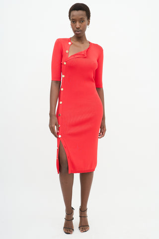 Red Asymmetrical Button Dress
