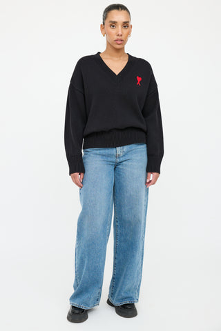 AMI Alexandre Mattiussi Black & Red Knit Logo Sweater