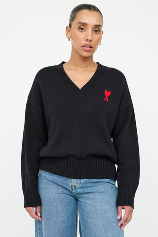 AMI Alexandre Mattiussi Black & Red Knit Logo Sweater