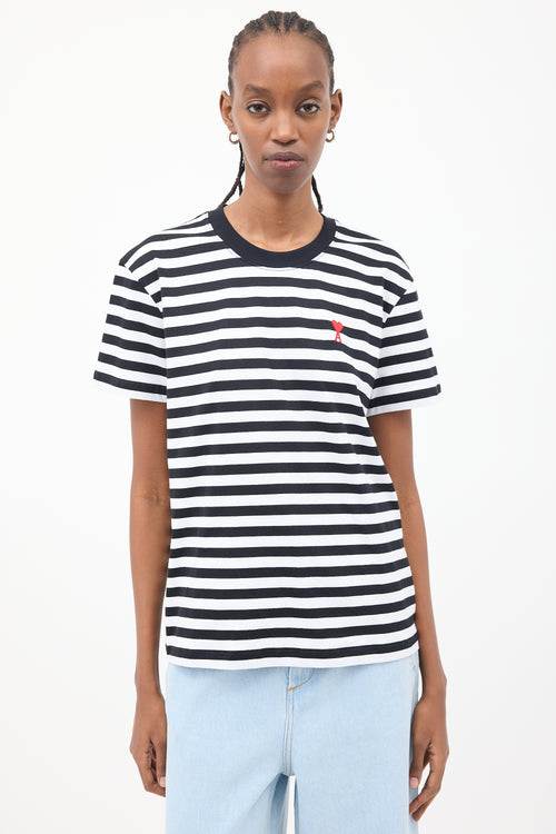 AMI Paris Black & White Ami De Coeur Striped T-Shirt