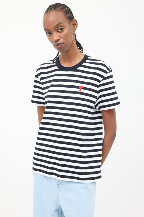 AMI Paris Black & White Ami De Coeur Striped T-Shirt