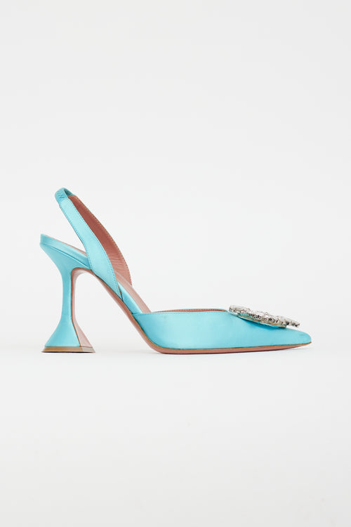 Amina Muaddi Blue Satin Crystal Embellishment Slingback Pump