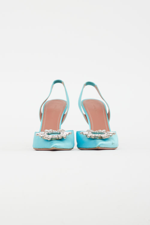 Amina Muaddi Blue Satin Crystal Embellishment Slingback Pump