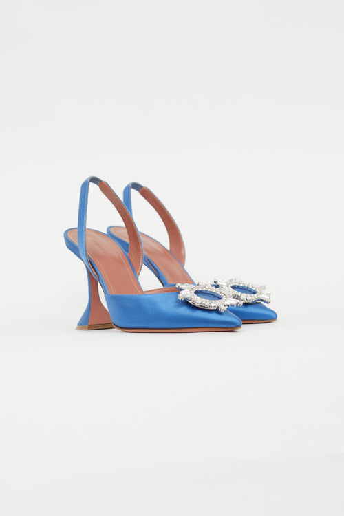 Amina Muaddi Blue Satin Crystal Bow Slingback Pump