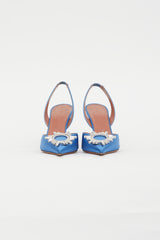 Amina Muaddi Blue Satin Crystal Bow Slingback Pump