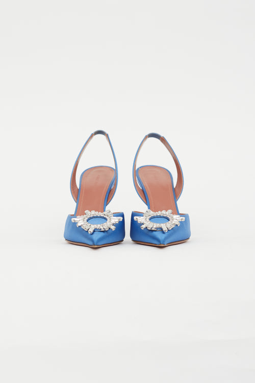 Amina Muaddi Blue Satin Crystal Bow Slingback Pump