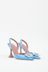 Amina Muaddi Blue Satin Begum Slingback Pump