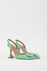 Amina Muaddi Green & Silver Satin Begum Heel