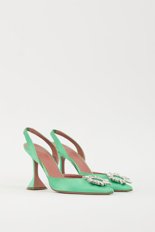 Amina Muaddi Green & Silver Satin Begum Heel