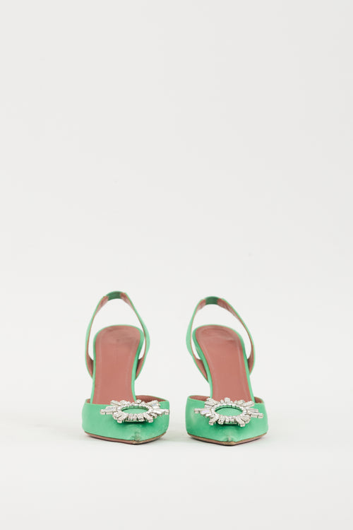 Amina Muaddi Green & Silver Satin Begum Heel