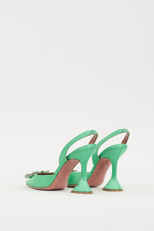 Amina Muaddi Green & Silver Satin Begum Heel