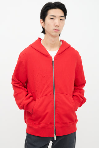 Amiri Red Distressed Zip Hoodie