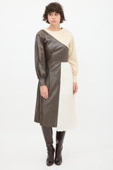 Andersson Bell Cream & Brown Faux Leather Pleated Dress