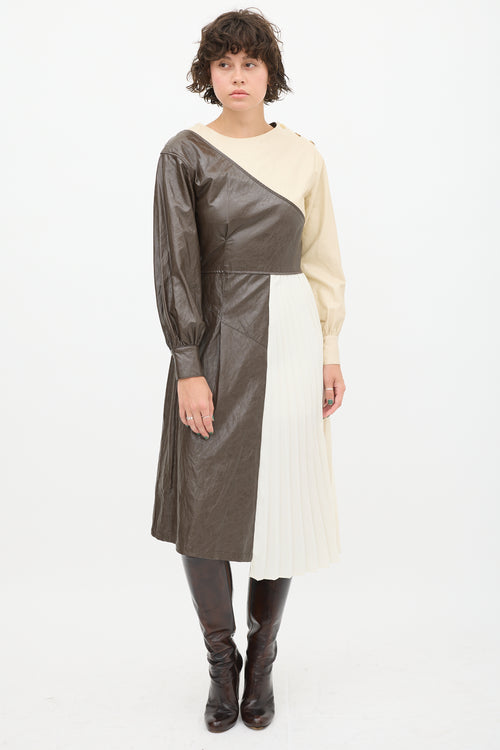 Andersson Bell Cream & Brown Faux Leather Pleated Dress