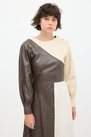 Andersson Bell Cream & Brown Faux Leather Pleated Dress