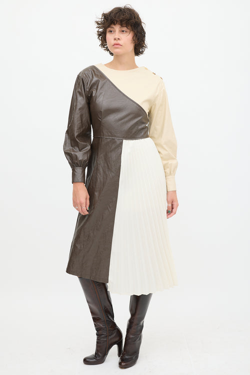 Andersson Bell Cream & Brown Faux Leather Pleated Dress