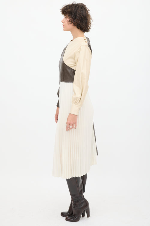 Andersson Bell Cream & Brown Faux Leather Pleated Dress