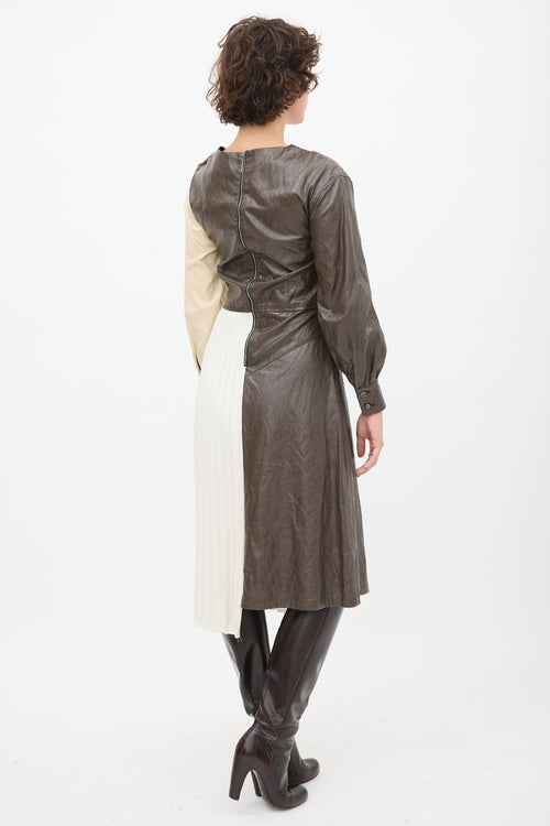 Andersson Bell Cream & Brown Faux Leather Pleated Dress