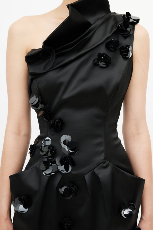 Andy Thê Anh Black Sequin One Shoulder Dress