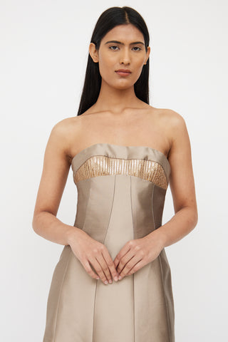 Beige Silk Strapless Gown