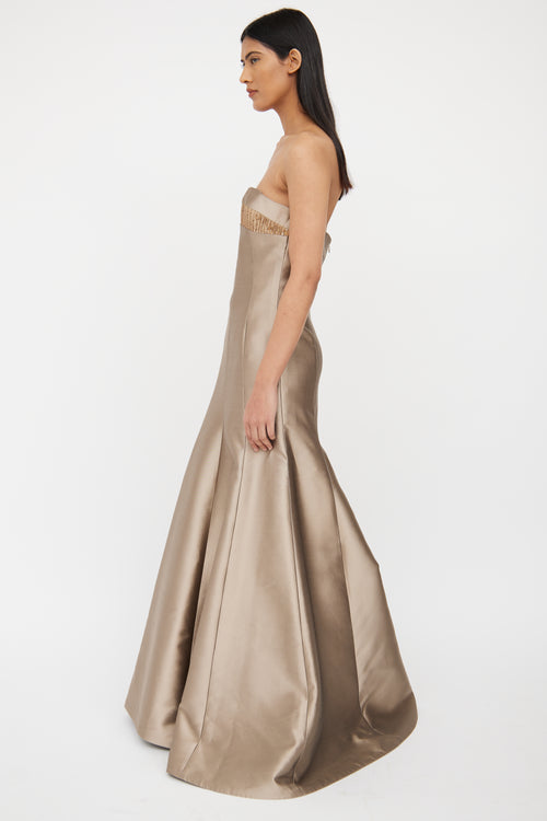 Beige Silk Strapless Gown