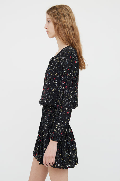 Anine Bing Black Star Pattern Silk Long Sleeve Dress