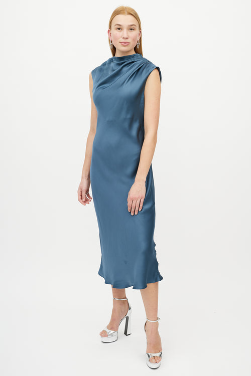 Anine Bing Blue Gathered Silk Dress