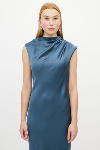 Anine Bing Blue Gathered Silk Dress