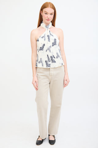 Anine Bing White & Black Plissé Printed Twist Top