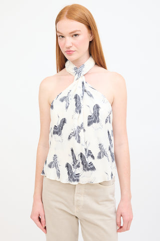 Anine Bing White & Black Plissé Printed Twist Top