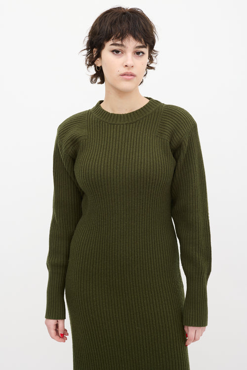 Anine Bing Green Wool Ribbed Knit Midi Dress