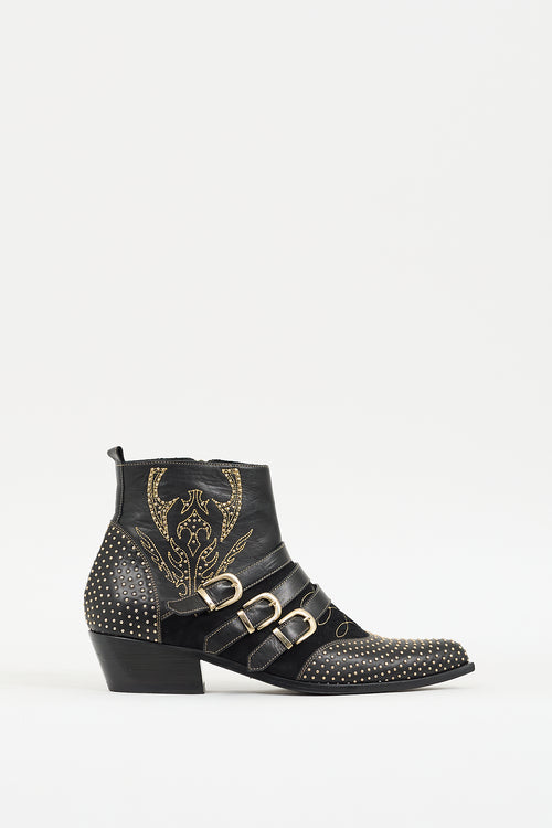 Anine Bing Black & Gold Leather & Suede Embellished Western Boot