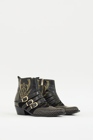 Anine Bing Black & Gold Leather & Suede Embellished Western Boot