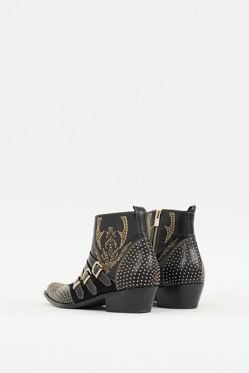 Anine Bing Black & Gold Leather & Suede Embellished Western Boot