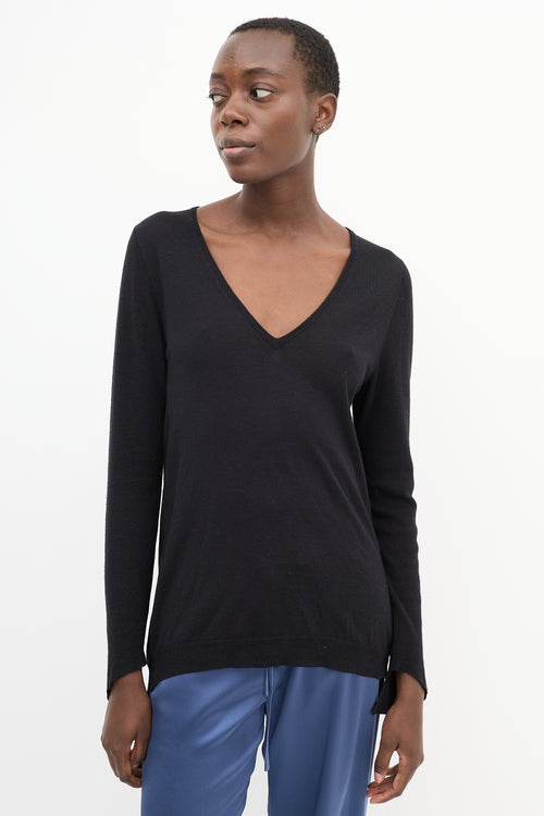 Ann Demeulemeester Black Knit V-Neck High Low Drape Back Top