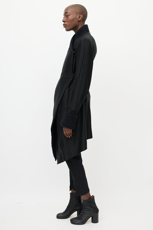 Ann Demeulemeester Black Satin & Ribbed Asymmetrical Belted Coat
