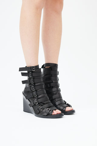 Ann Demeulemeester Black Strappy Leather Peep Toe Boot