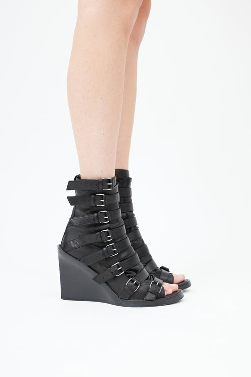  Black Strappy Leather Peep Toe Boot