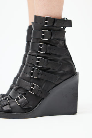 Black Strappy Leather Peep Toe Boot
