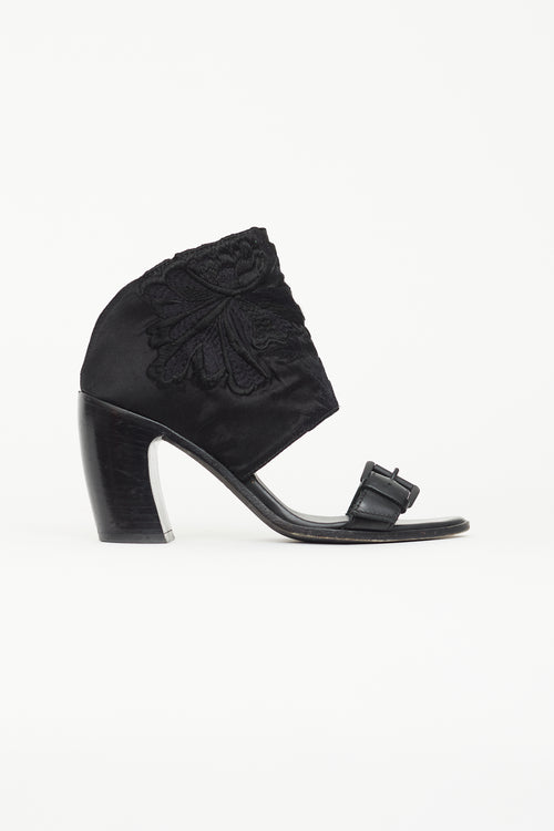Ann Demeulemeester Black Leather & Satin Floral Heel