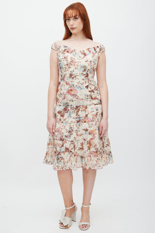 Anna Sui Cream & Multicolour Floral Ruffled Dress