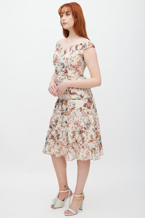 Anna Sui Cream & Multicolour Floral Ruffled Dress